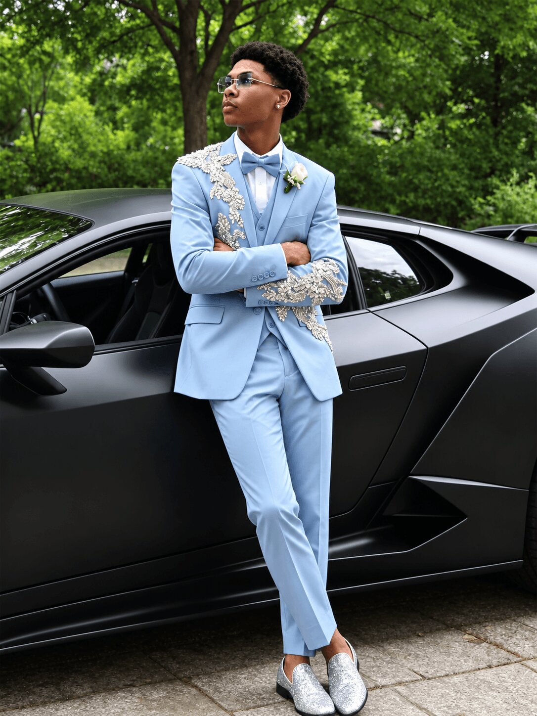 Men's Light Blue 3 Piece Rhinestone Floral Embroidered Prom Wedding Suit