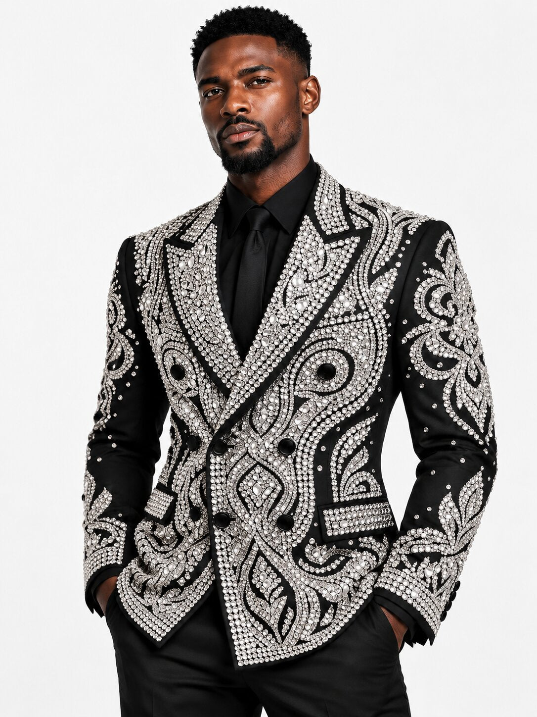 Men's Midnigh Black 2-Piece Suit with Hand-Made Silver Crystal Embroidery