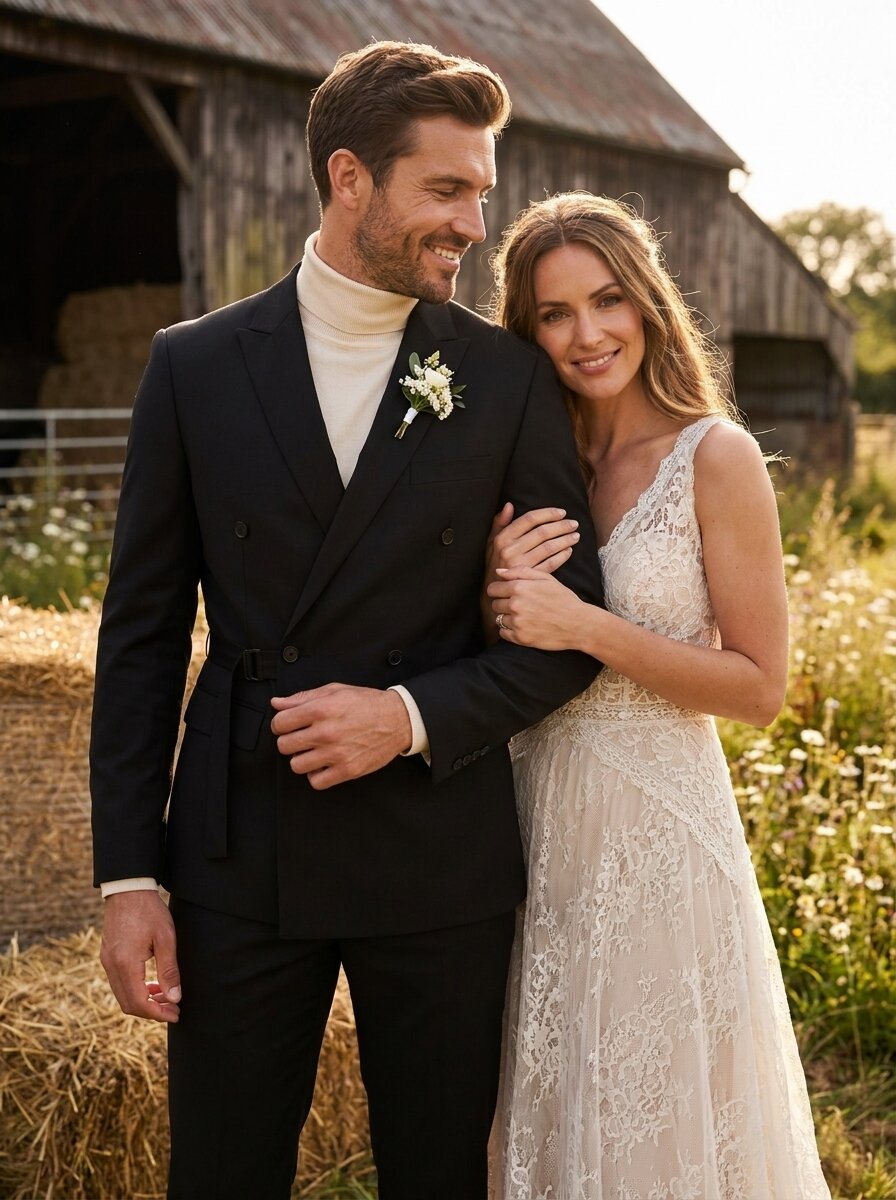 Men’s Peak Lapel Double-Breasted Suit With Waist Buckle Strap