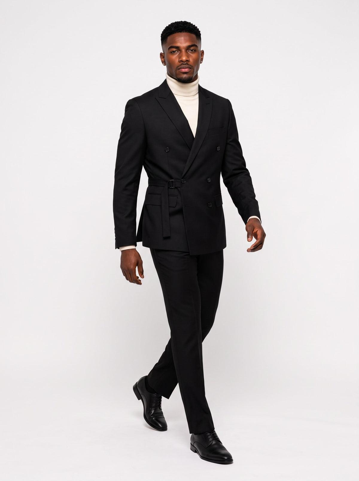 Men’s Peak Lapel Double-Breasted Suit With Waist Buckle Strap