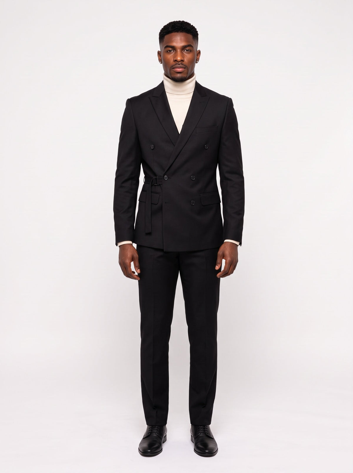 Men’s Peak Lapel Double-Breasted Suit With Waist Buckle Strap