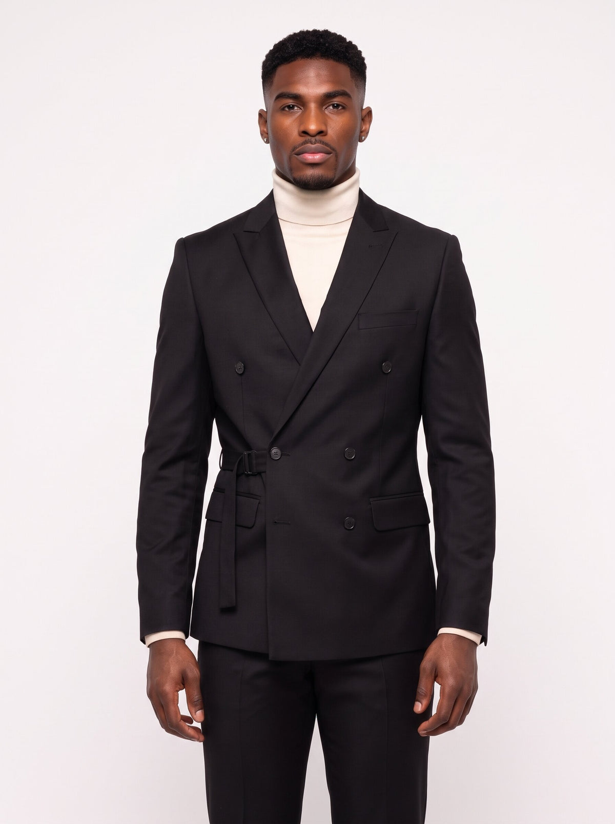 Men’s Peak Lapel Double-Breasted Suit With Waist Buckle Strap