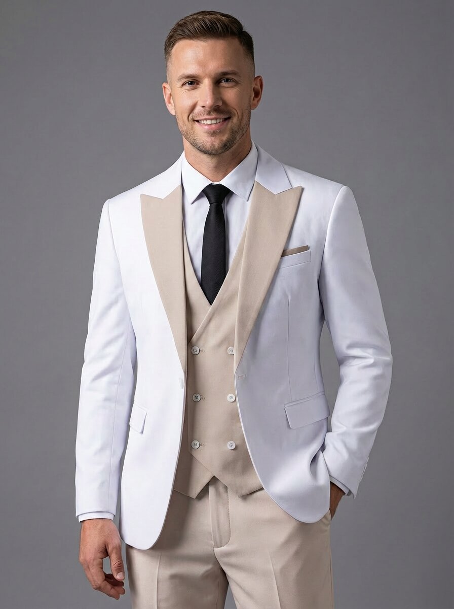 Men's 3 Piece Slim Fit Suit Contrasted Lapel