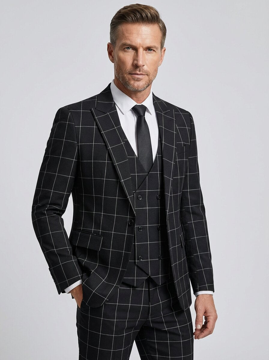 Black Men's Slim Fit Checkered 3-Piece Suit