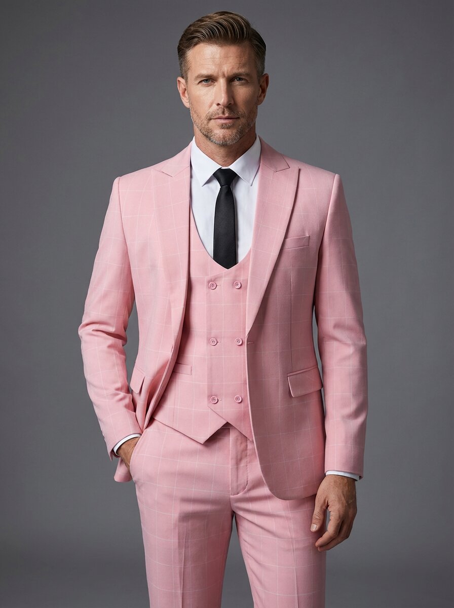 Pink Men's Slim Fit Checkered 3-Piece Suit