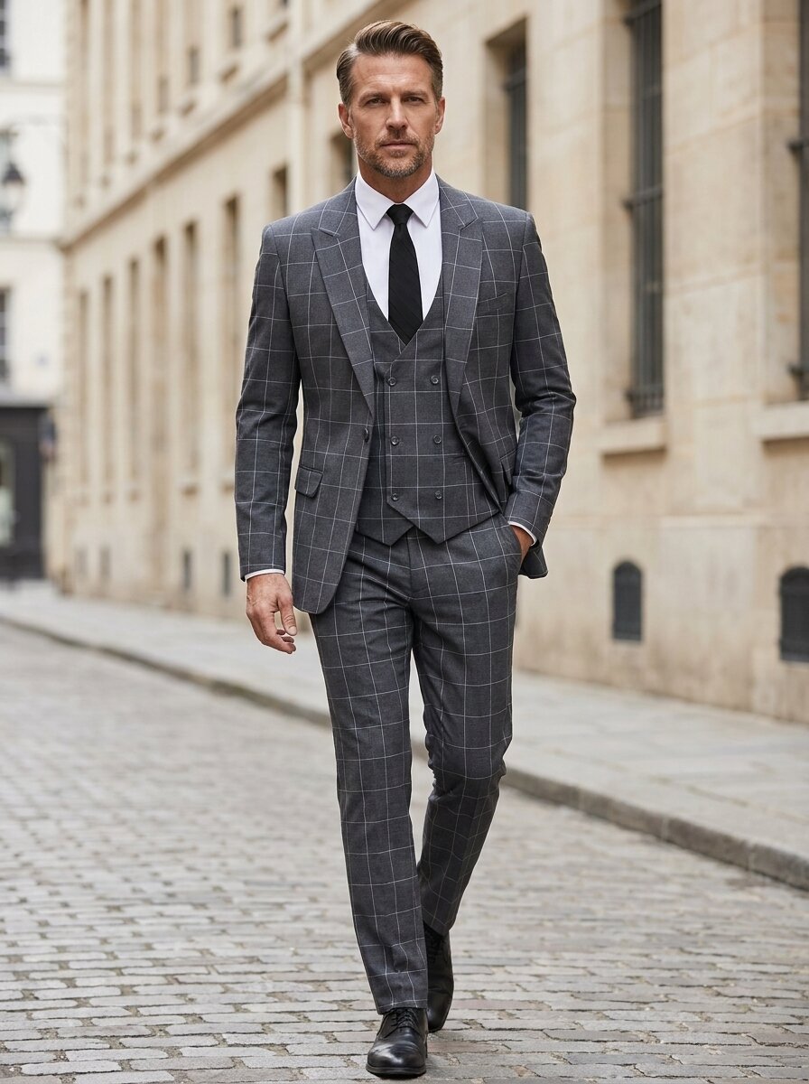 Men's Slim Fit 3-Piece Checked Plaid Suit