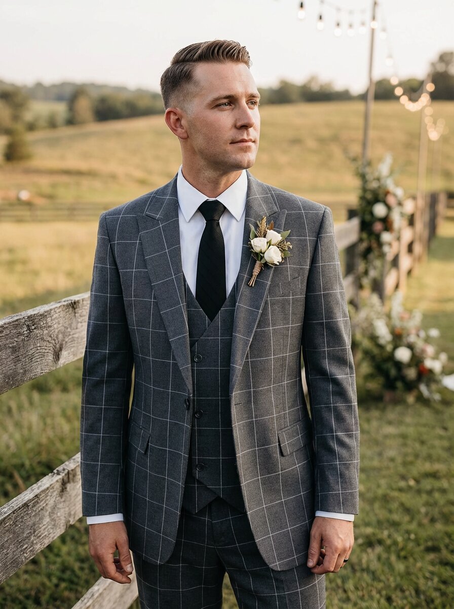 Men's Slim Fit 3-Piece Checked Plaid Suit