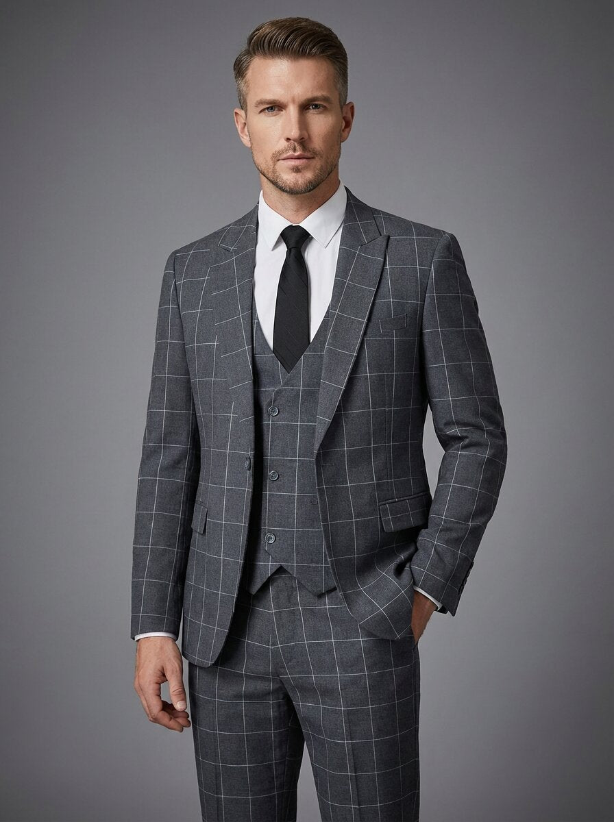 Grey Men's Slim Fit Checkered 3-Piece Suit