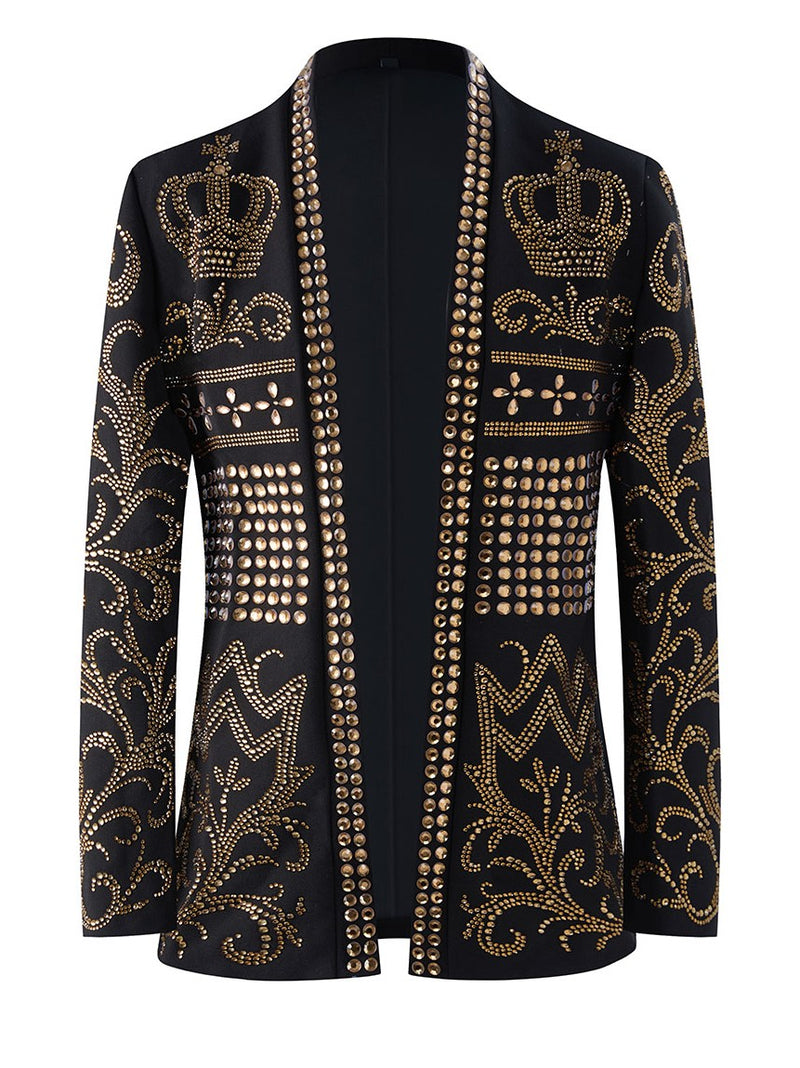 Men’s Black & Gold Crown Rhinestone Stage Jacket