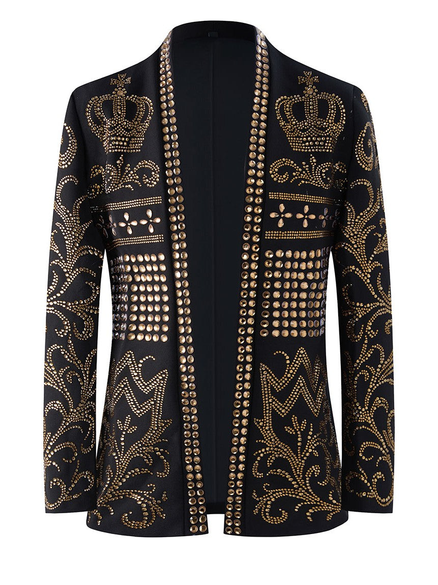 Men’s Black & Gold Crown Rhinestone Stage Jacket