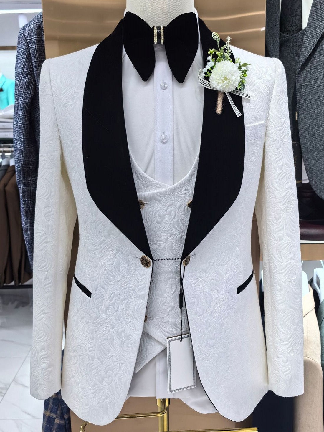 Men’s White Floral Jacquard 3 Piece Tuxedo