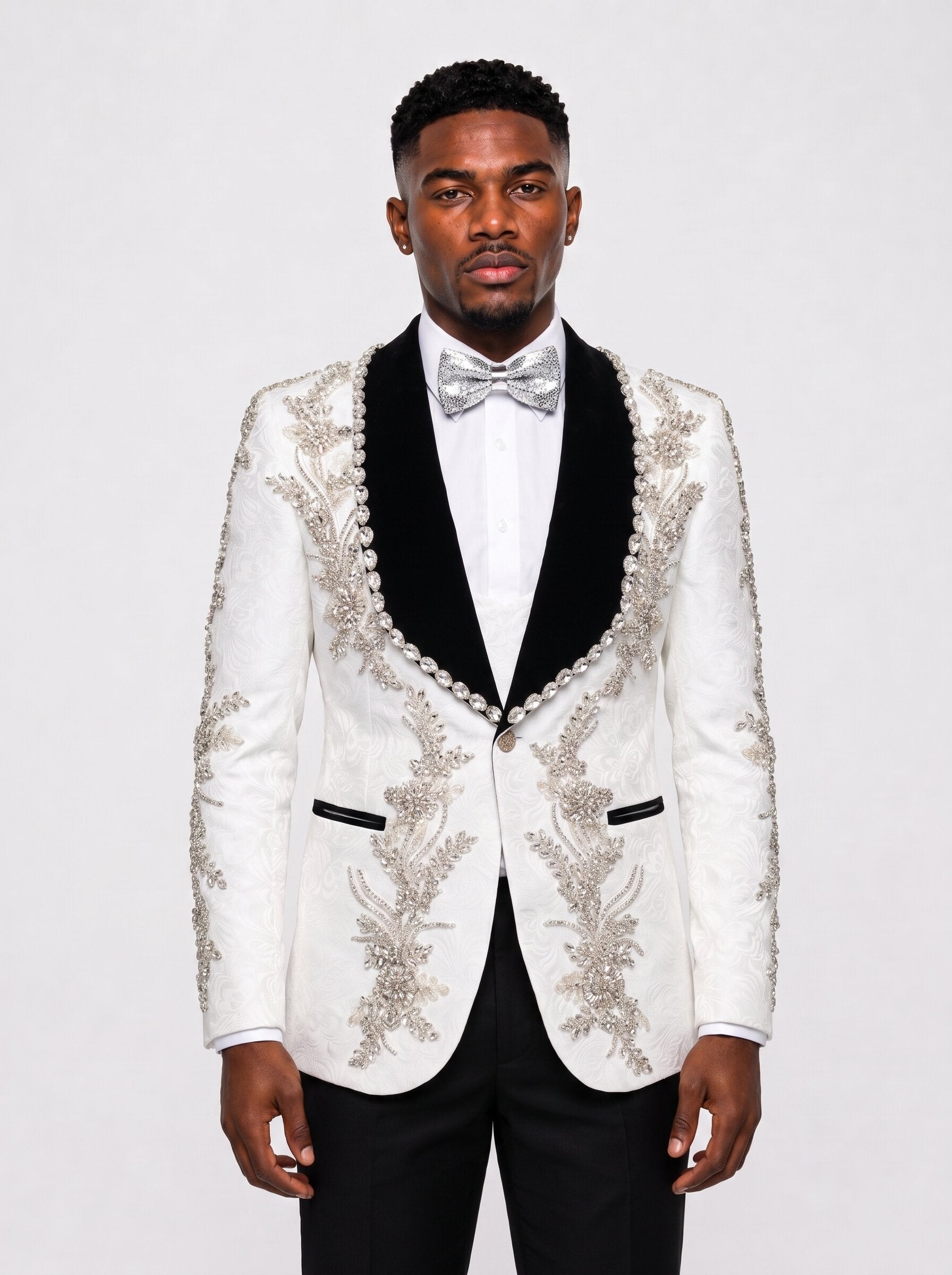 Men's White Paisley Gem Stone Tuxedo Set With Black Shawl Lapel