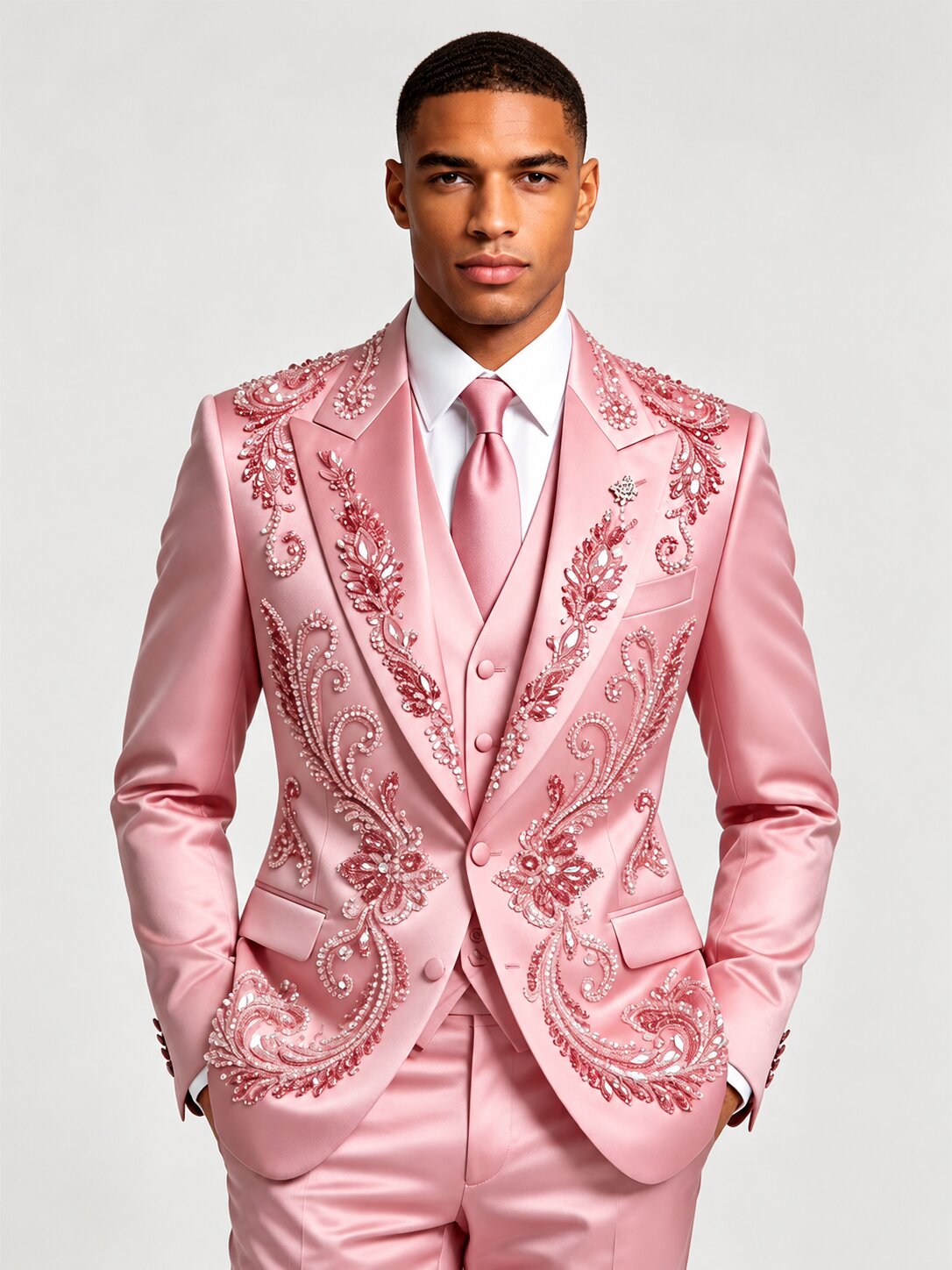 Men‘s 3 Piece Hand-Crafted Rhinestone Floral Tuxedo Suit