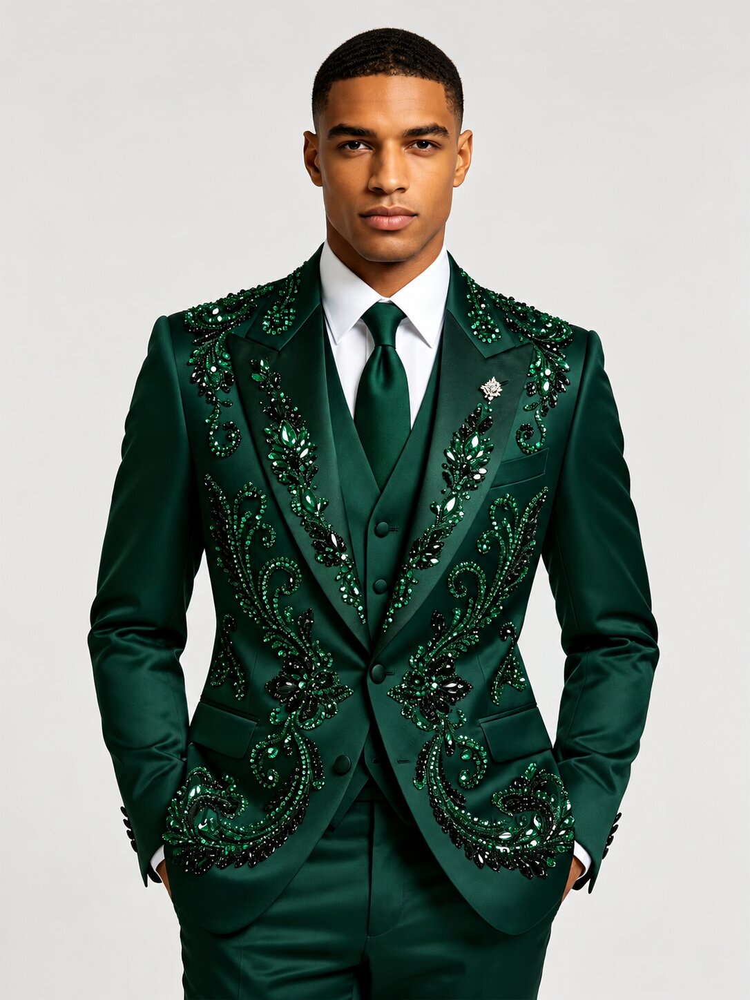 Men‘s 3 Piece Hand-Crafted Rhinestone Floral Tuxedo Suit