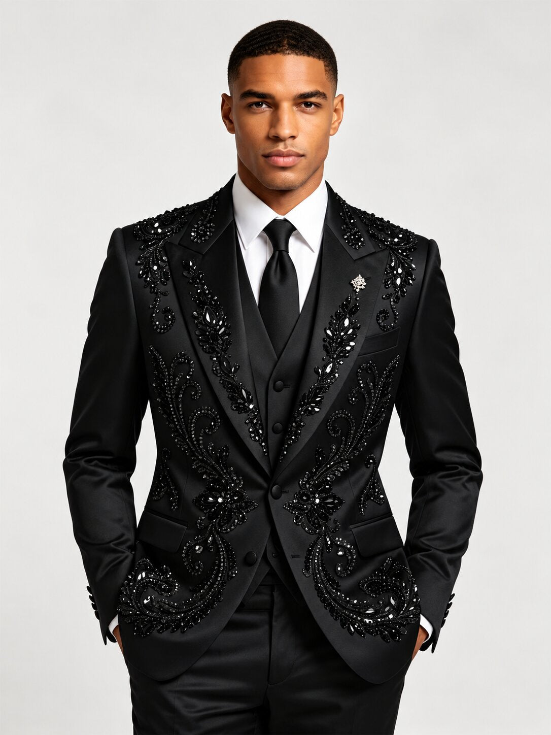 Men‘s 3 Piece Hand-Crafted Rhinestone Floral Tuxedo Suit