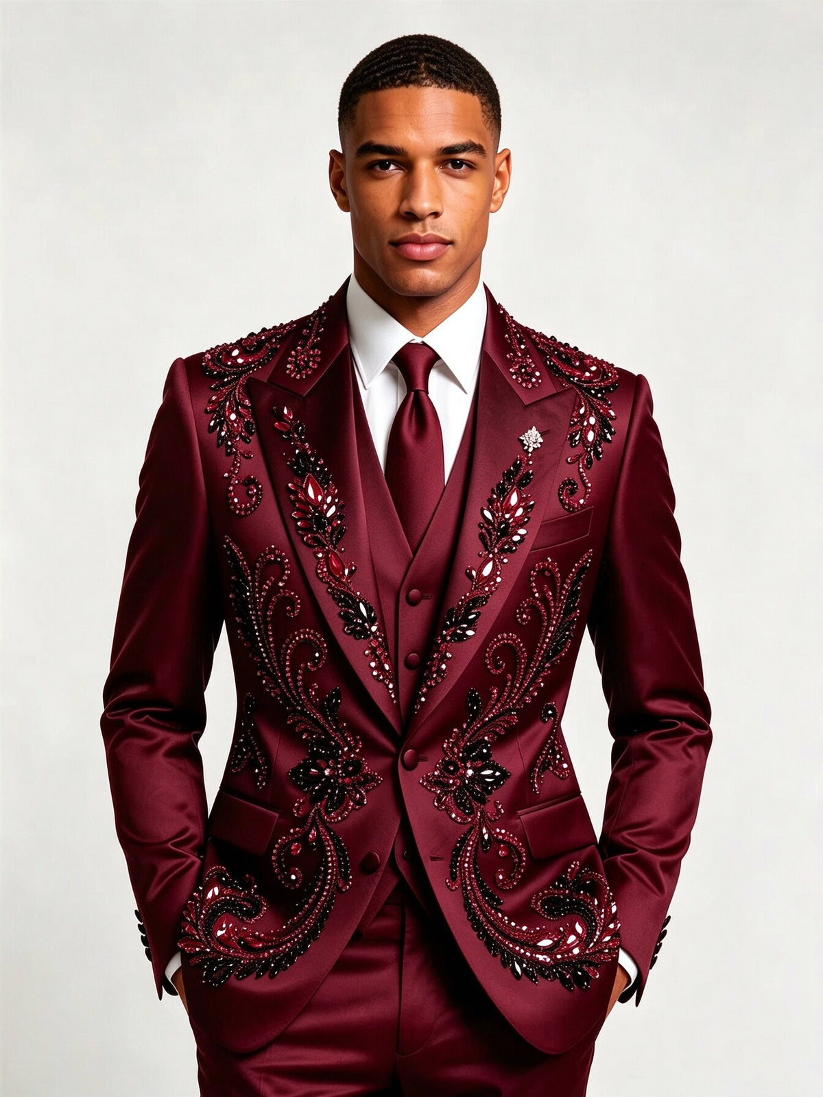 Men‘s 3 Piece Hand-Crafted Rhinestone Floral Tuxedo Suit