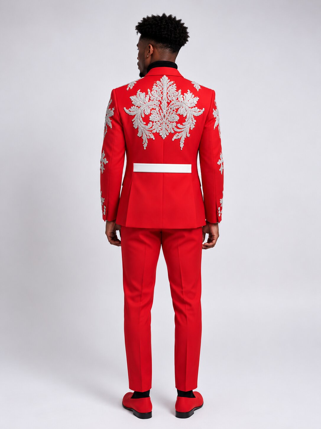 mens 2 piece red and silver embroidered  suit 