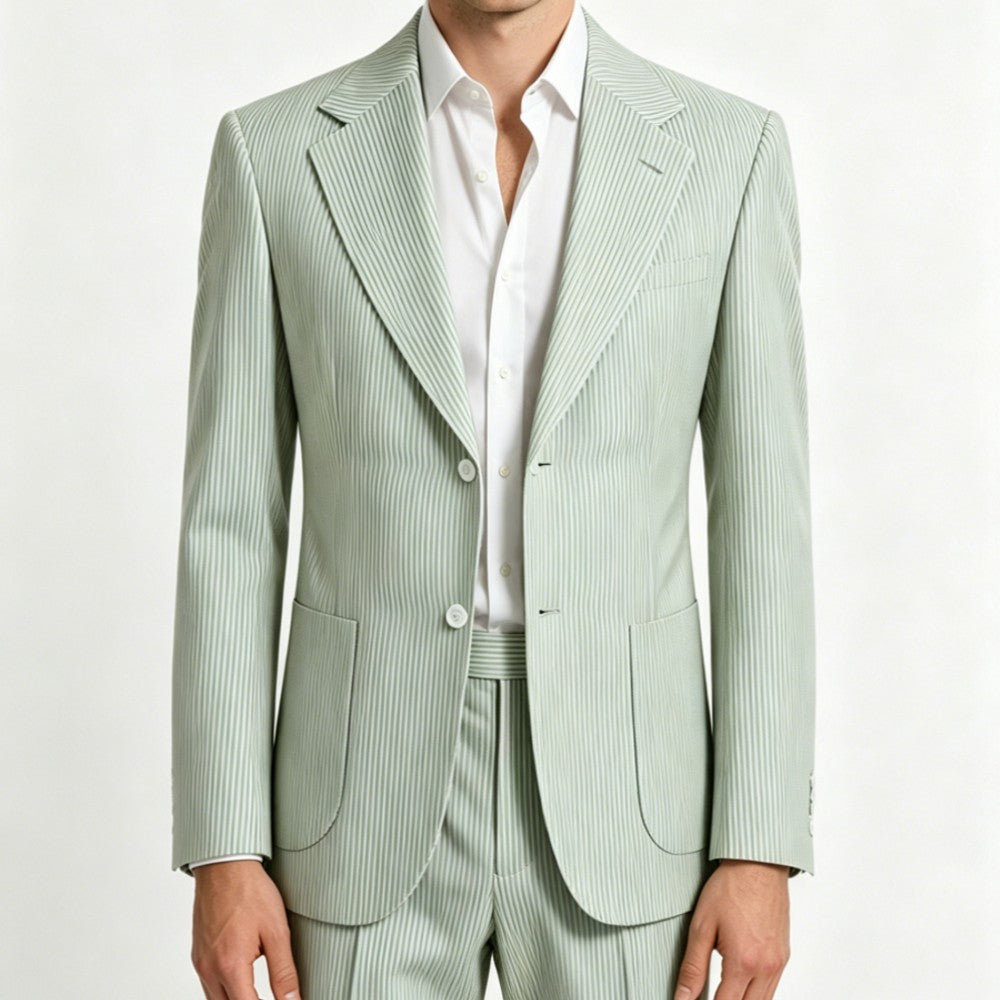 Men’s Pinstripe Seersucker Suit – Lightweight Summer Wedding Suit for Beach & Outdoor Events
