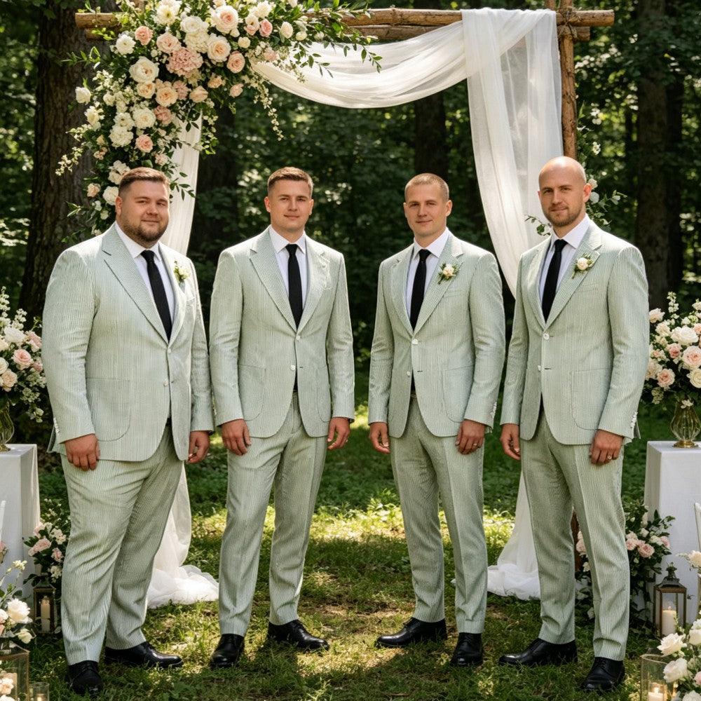 Four men in light gray suits standing under a floral archway with wedding decorations.
