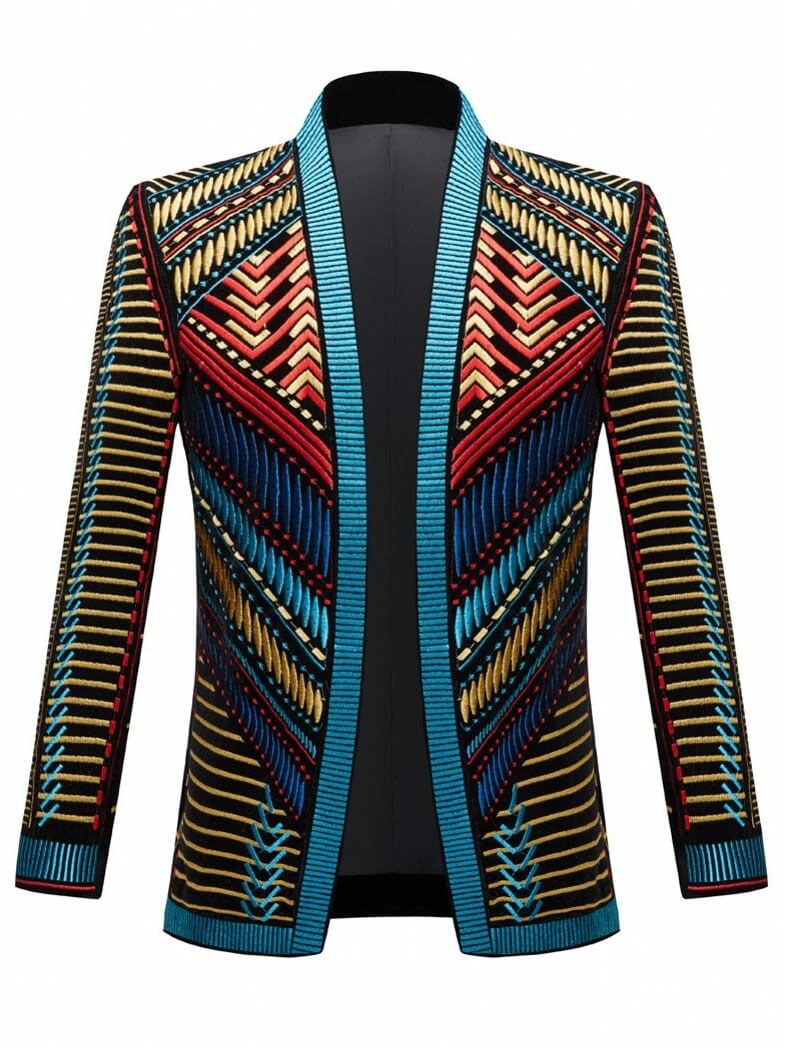 Men's Black Velvet Colorful Embroidered Blazer