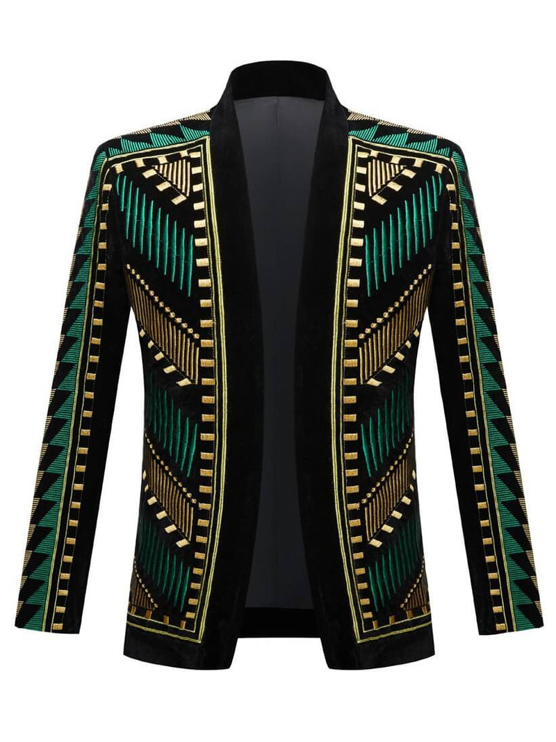 Men's Black Velvet Jacket With Green Gold Embroidery
