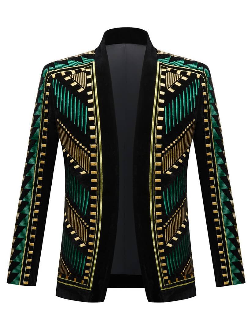 Men's Black Velvet Jacket With Green Gold Embroidery