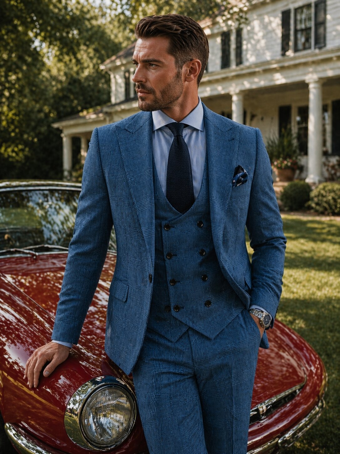 Moranx Mens Suit Regular Fit 3 Piece Wool Checked Wedding Menswear