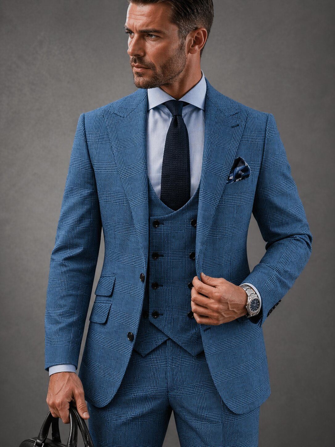 Moranx Mens Suit Regular Fit 3 Piece Wool Checked Wedding Menswear