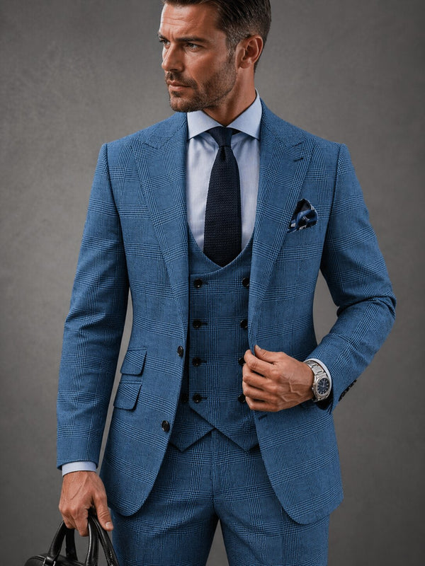 Moranx Mens Suit Regular Fit 3 Piece Wool Checked Wedding Menswear