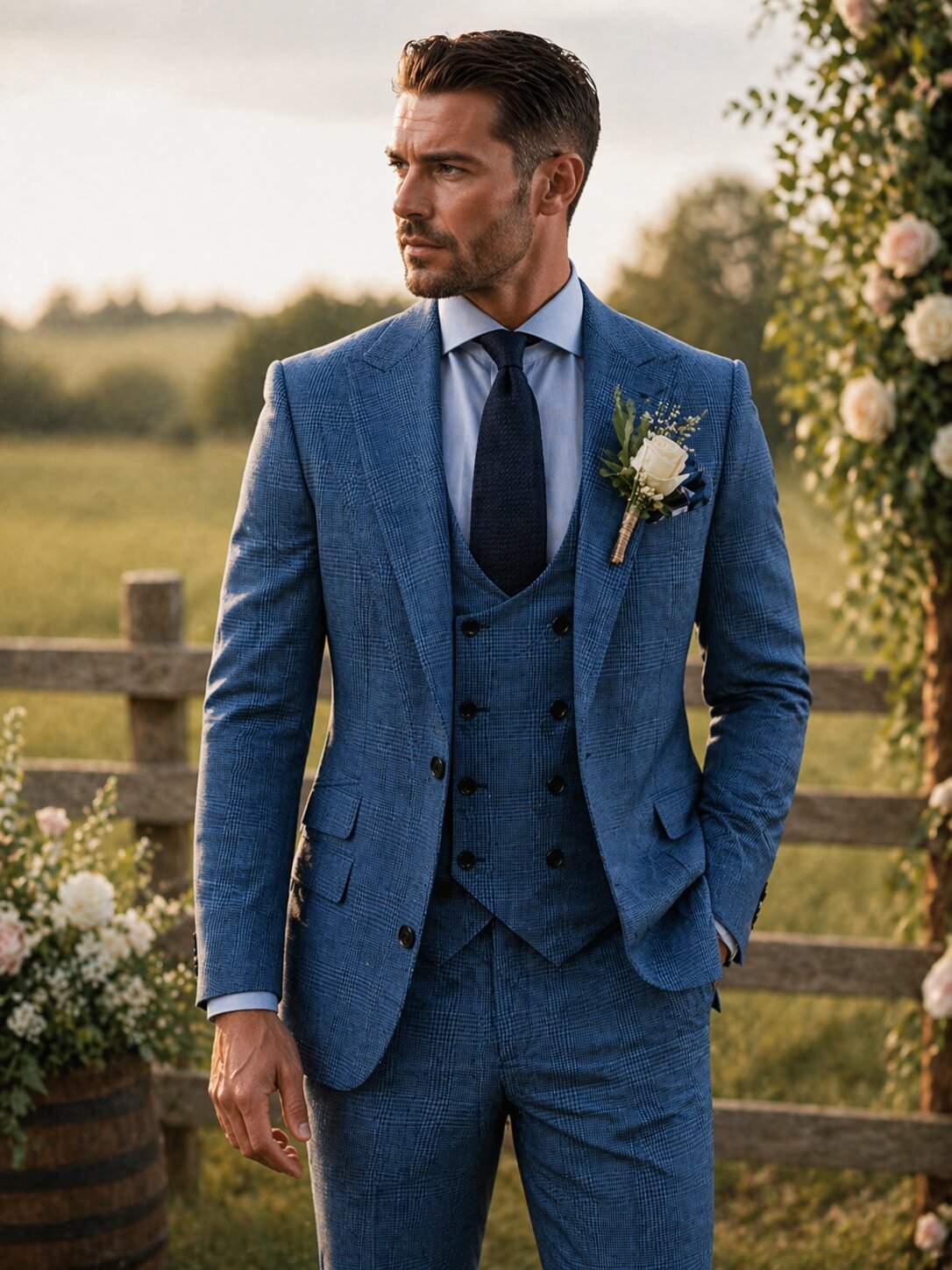 Moranx Mens Suit Regular Fit 3 Piece Wool Checked Wedding Menswear