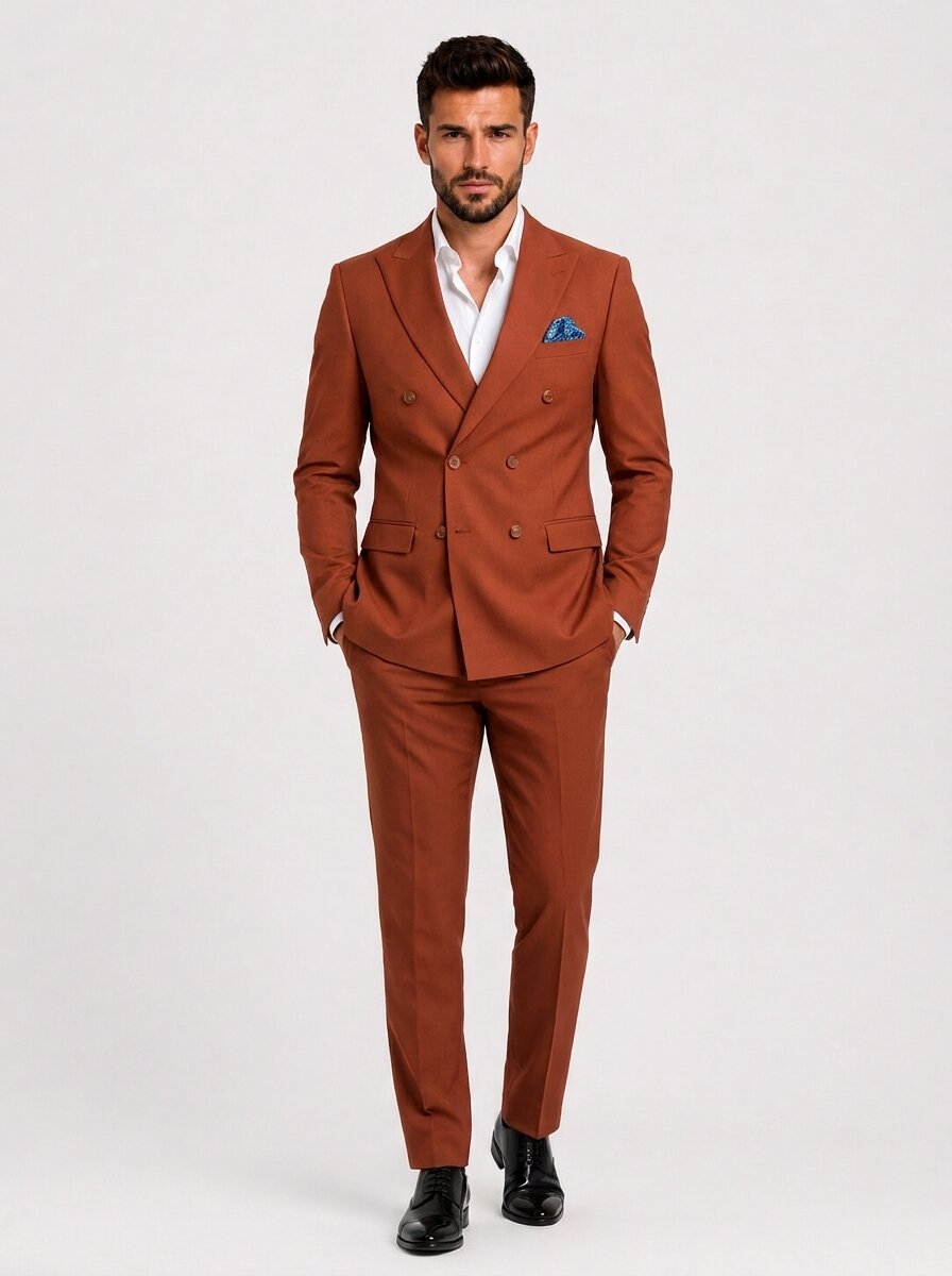 Mens Burnt Orange Double-Breasted Slim Fit 2-Piece Suit