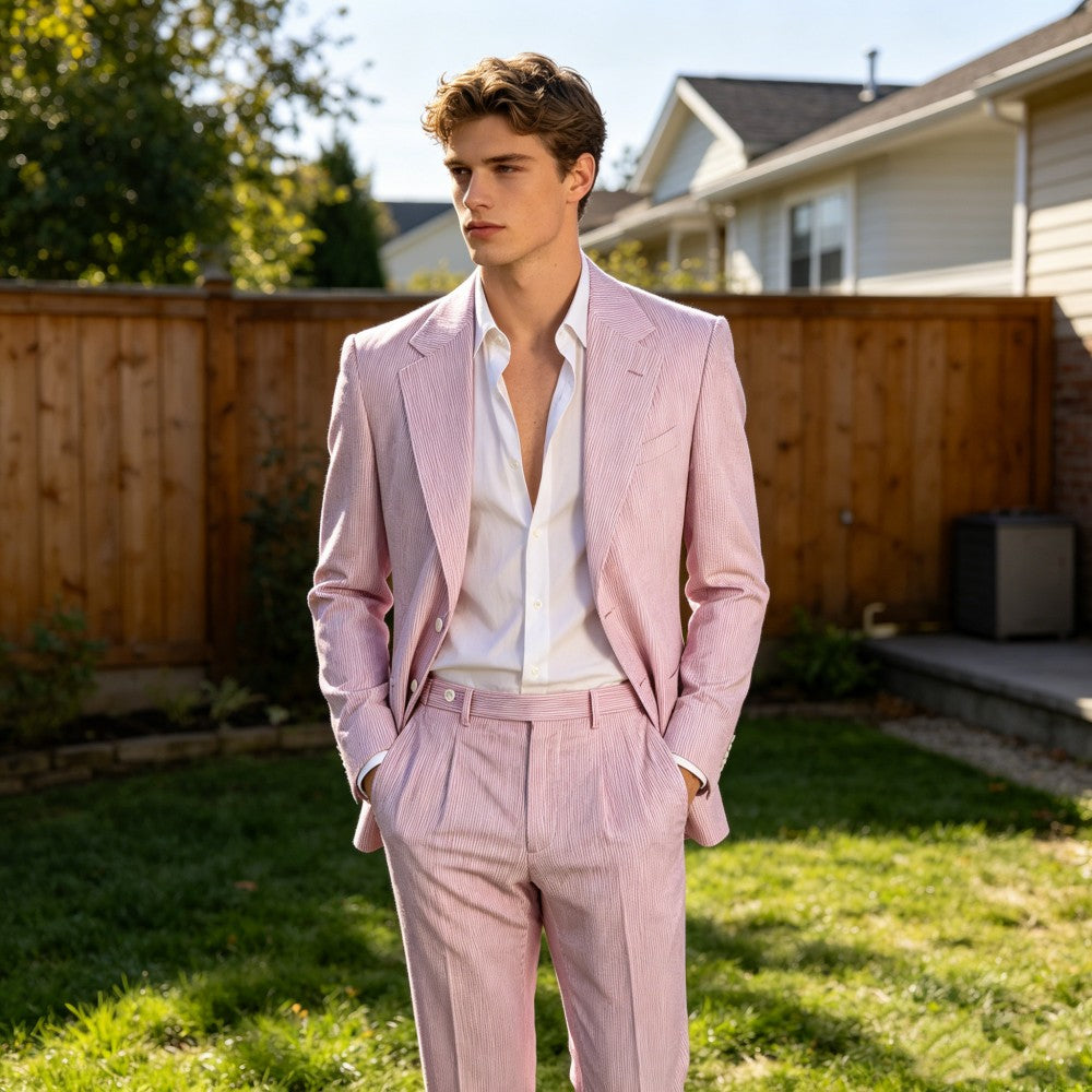 Men’s Pinstripe Seersucker Suit – Lightweight Breathable Summer Suit