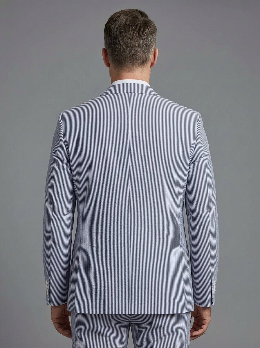 Men’s Pinstripe Seersucker Suit – Lightweight Summer Wedding Suit for Beach & Outdoor Events