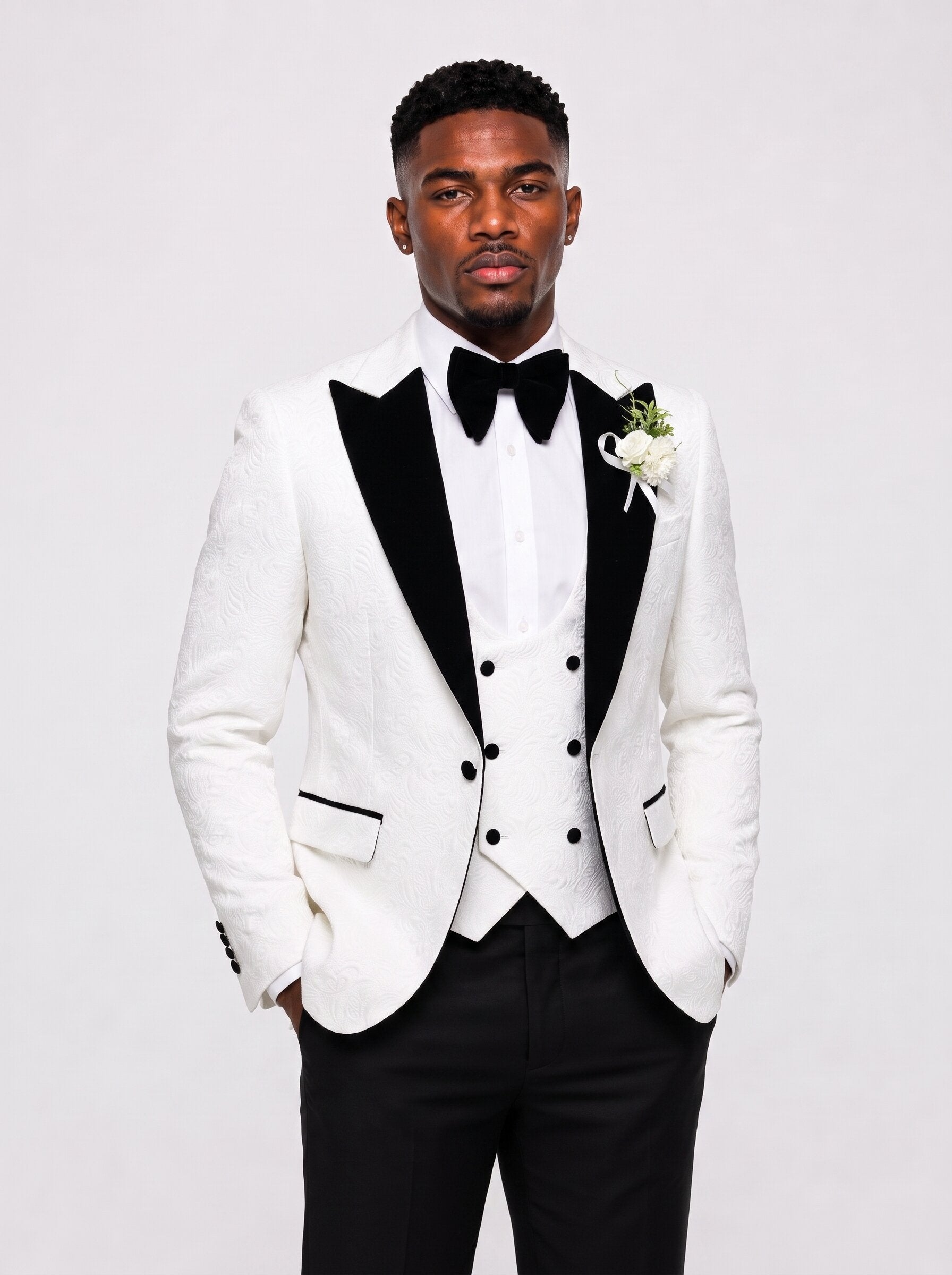 Men's White Floral Jacquard 3 Piece Tuxedo Suit