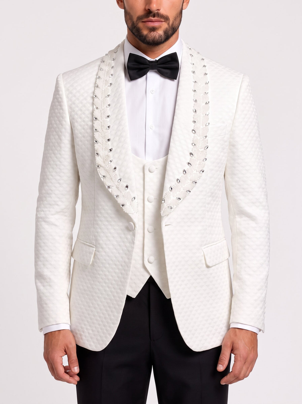 Men’s White Jacquard Rhinestone 3-Piece Tuxedo Suit