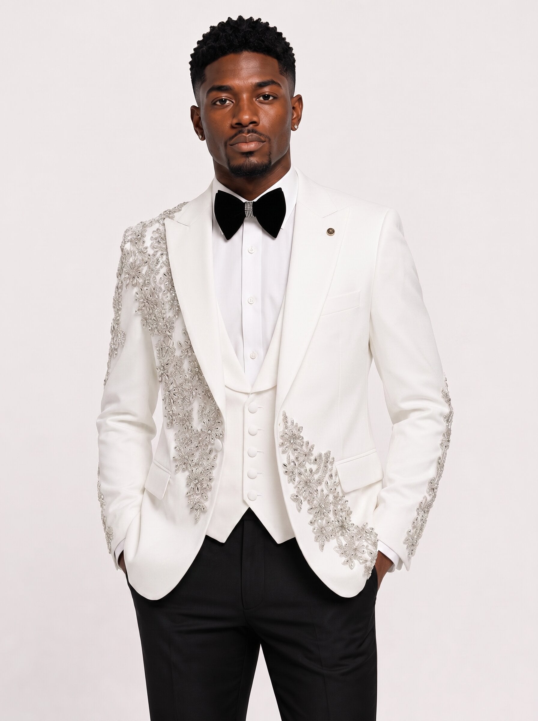 White Rhinestone 3 Piece Groom Tuxedo
