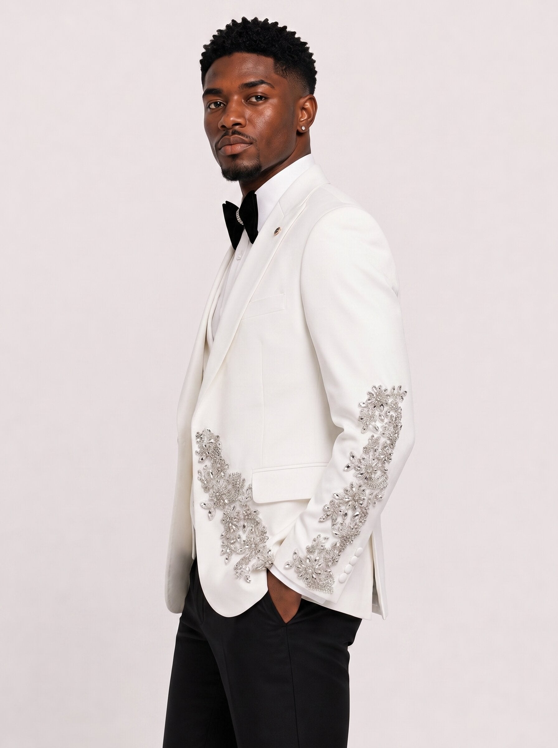 White Rhinestone 3 Piece Groom Tuxedo